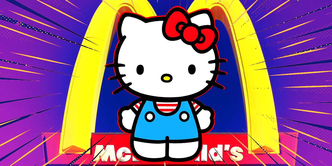 Hello Kitty in blue overalls and the Mcdonald's logo