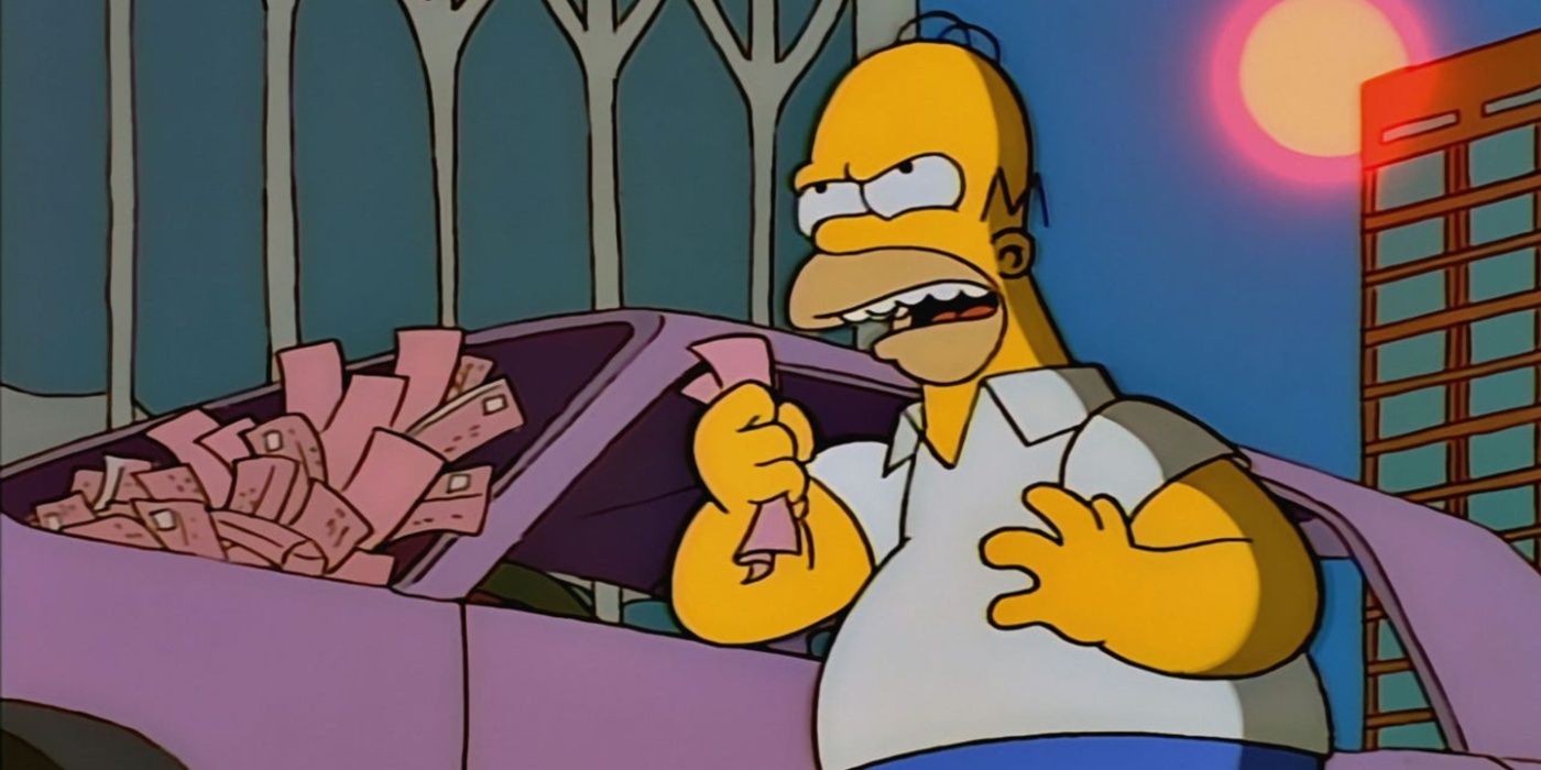 Homer com raiva segura multas de estacionamento ao lado de seu carro na cidade de Nova York contra Homer Simpson