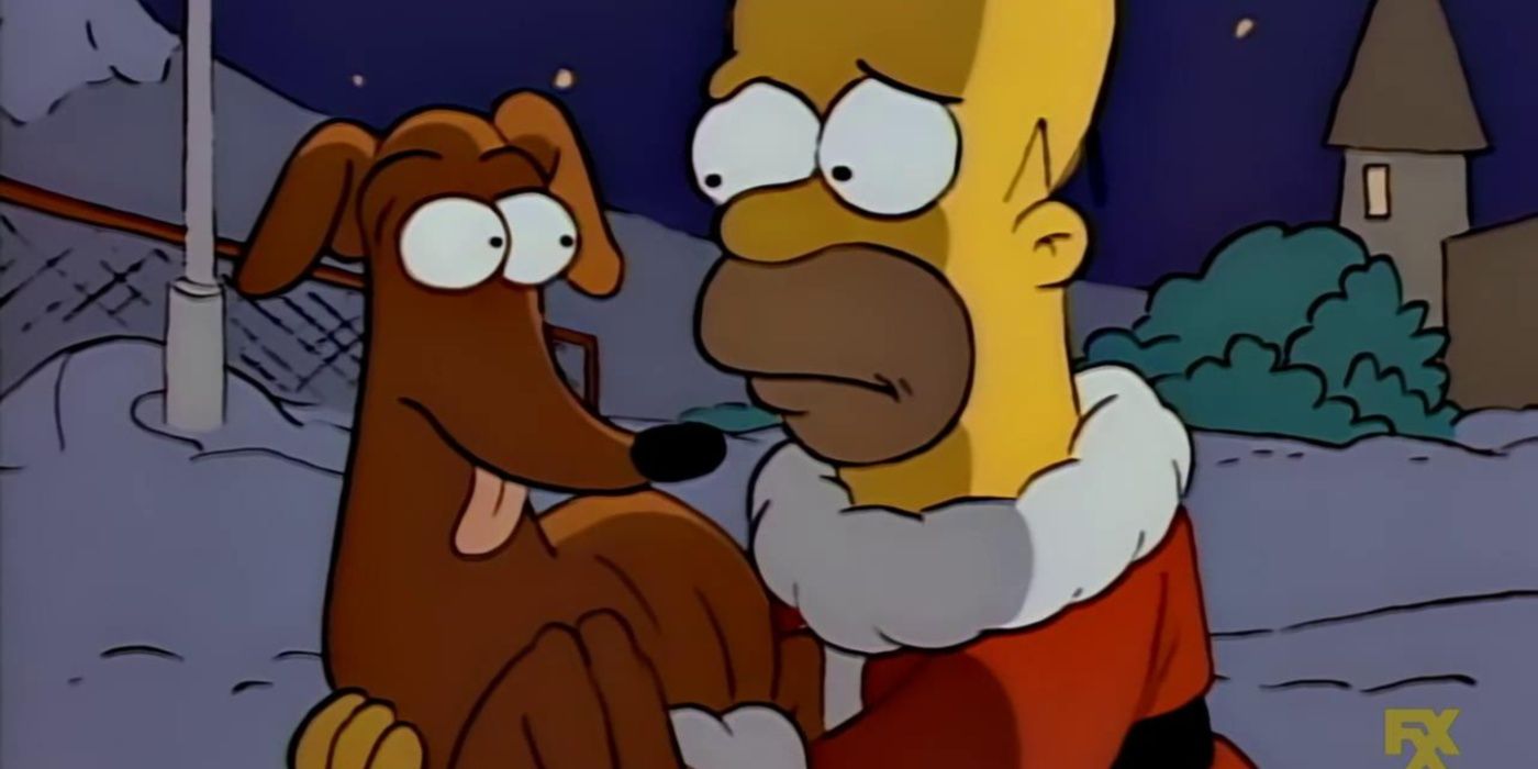 Homer holds Santa's Little Helper while wearing a Santa outfit in The Simpsons first episode