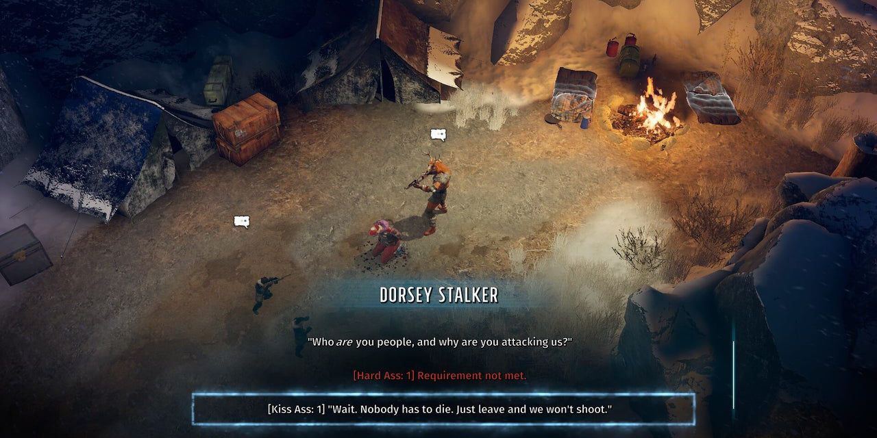 Player talking to Dorsey Stalker with only the "Kiss Ass" dialog option unlocked during a hostage situation in Wasteland 3