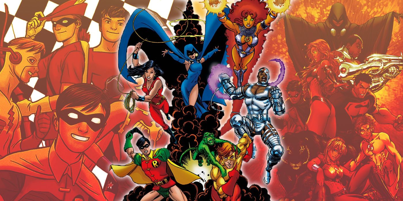 Collage of different eras of Teen Titans comics