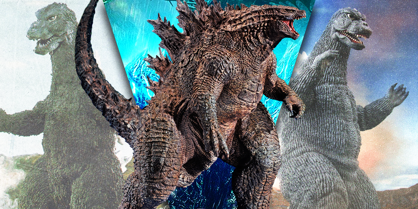 Showa, Heisei and MonsterVerse Godzilla split image