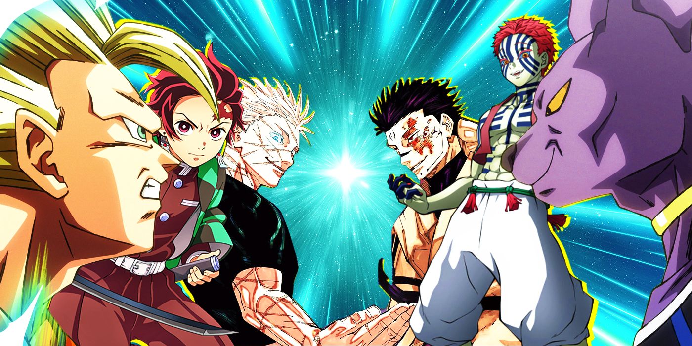 Image Collage of Goku, Tanjiro, Gojo, Sukuna, Akaza, and Beerus