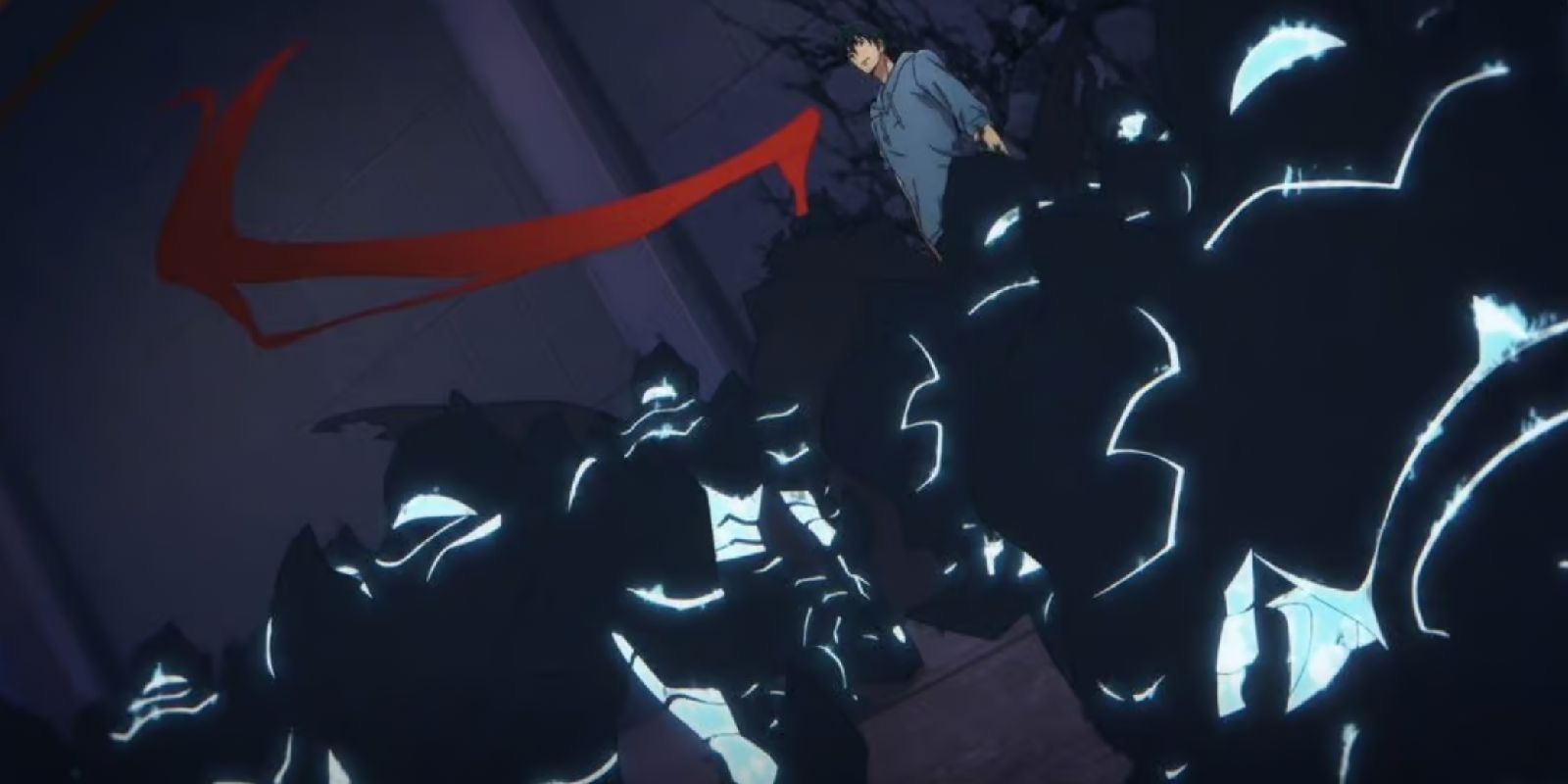 Jinwoo está entre seu Exército das Sombras como o Monarca das Sombras no anime Solo Leveling