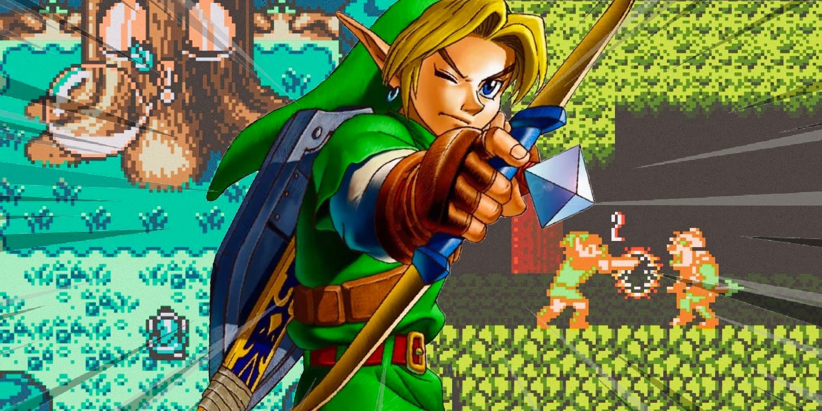 Link from Ocarina of Time aims at the original The Legend of Zelda and Zelda II
