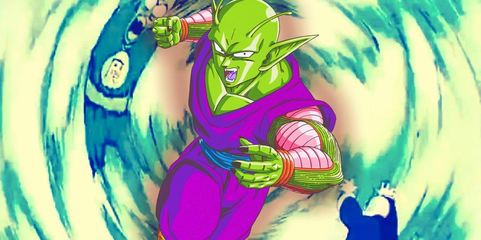 Piccolo ready to attack in front of Master roshi’s evil containment wave in Dragon Ball