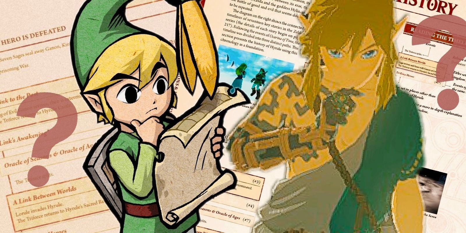 Link from Minish Cap and Tears of the Kingdom reading the Zelda Timeline