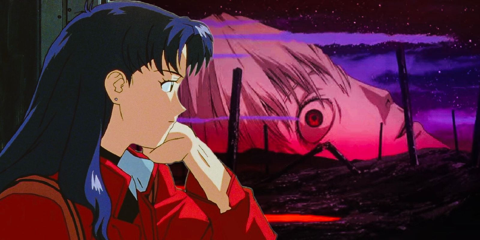 Misato looking out a window at Rei in the Third Impact in Neon Genesis Evangelion