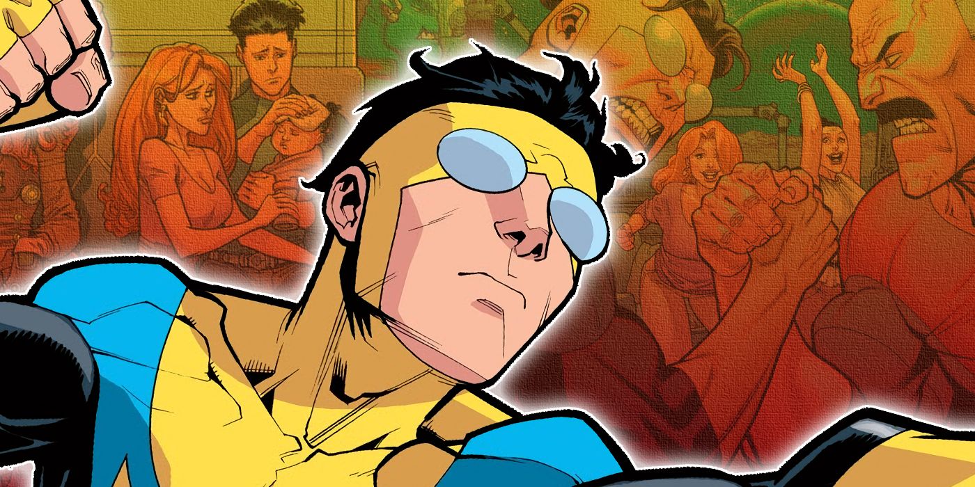 Invincible flying with scenes of his family from the comics in the background
