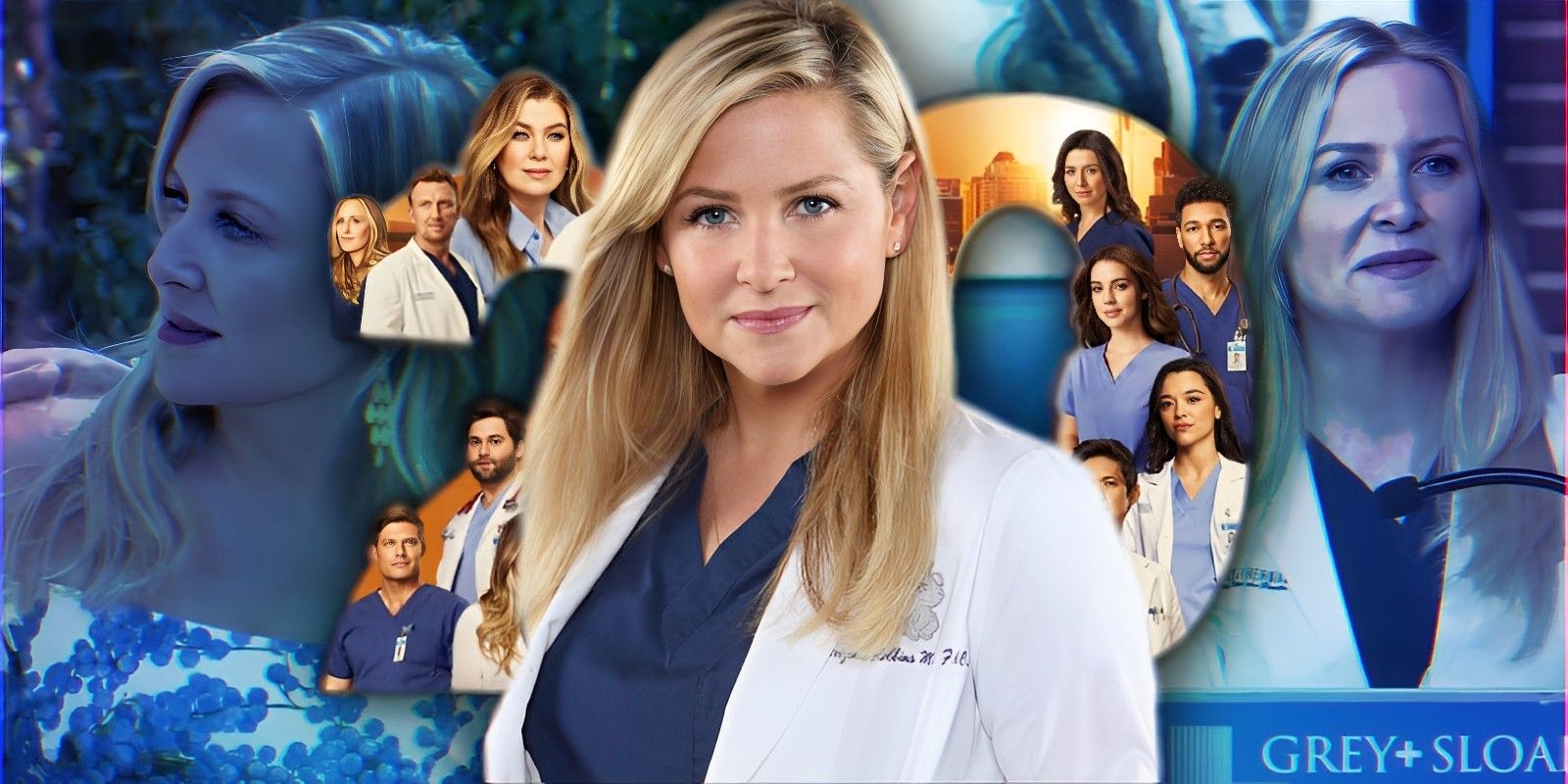 Arizona Robbins (Jessica Capshaw) and Grey’s 20 logo in front of two stills from Season 14 and 20.