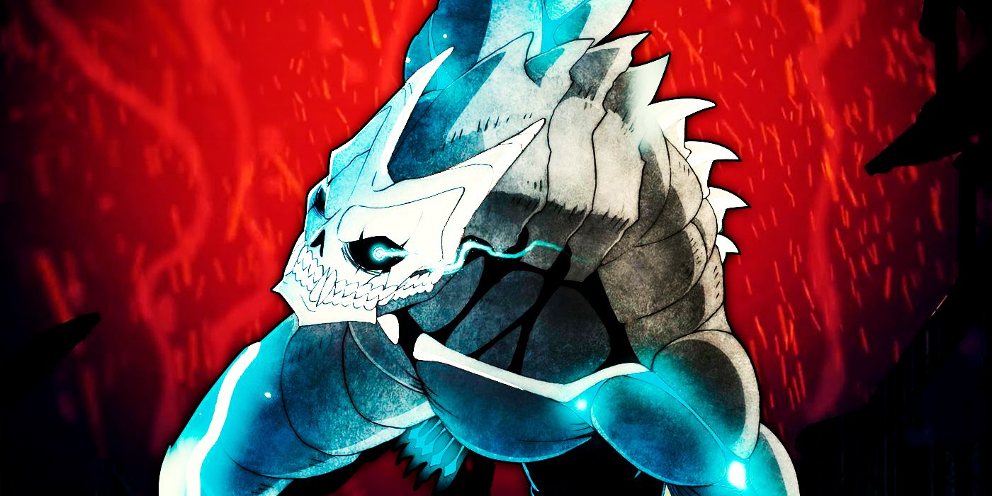 A blue and white kaiju with a skull face stands in front of red flames in Kaiju No. 8