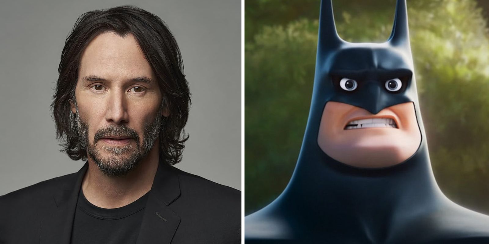 Split image of Keanu Reeves and the Batman he voices in DC League of Super-Pets