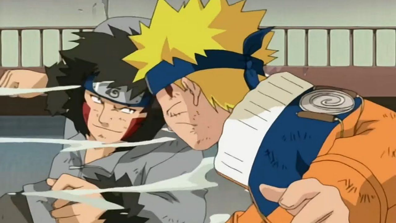 Kiba e Akamaru vs Naruto nos Exames Chunin lutando em Naruto