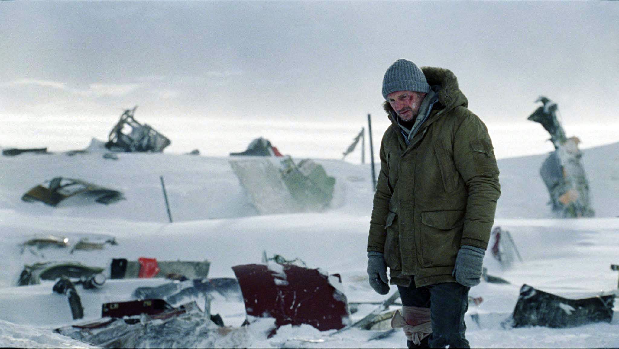 Liam Neeson at a plane crash site in The Grey-1