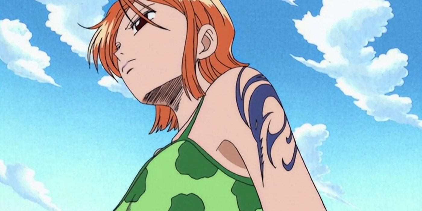 Nami in One Piece dons her Arlong Park outfit and reveals her Arlong pirates tattoo.