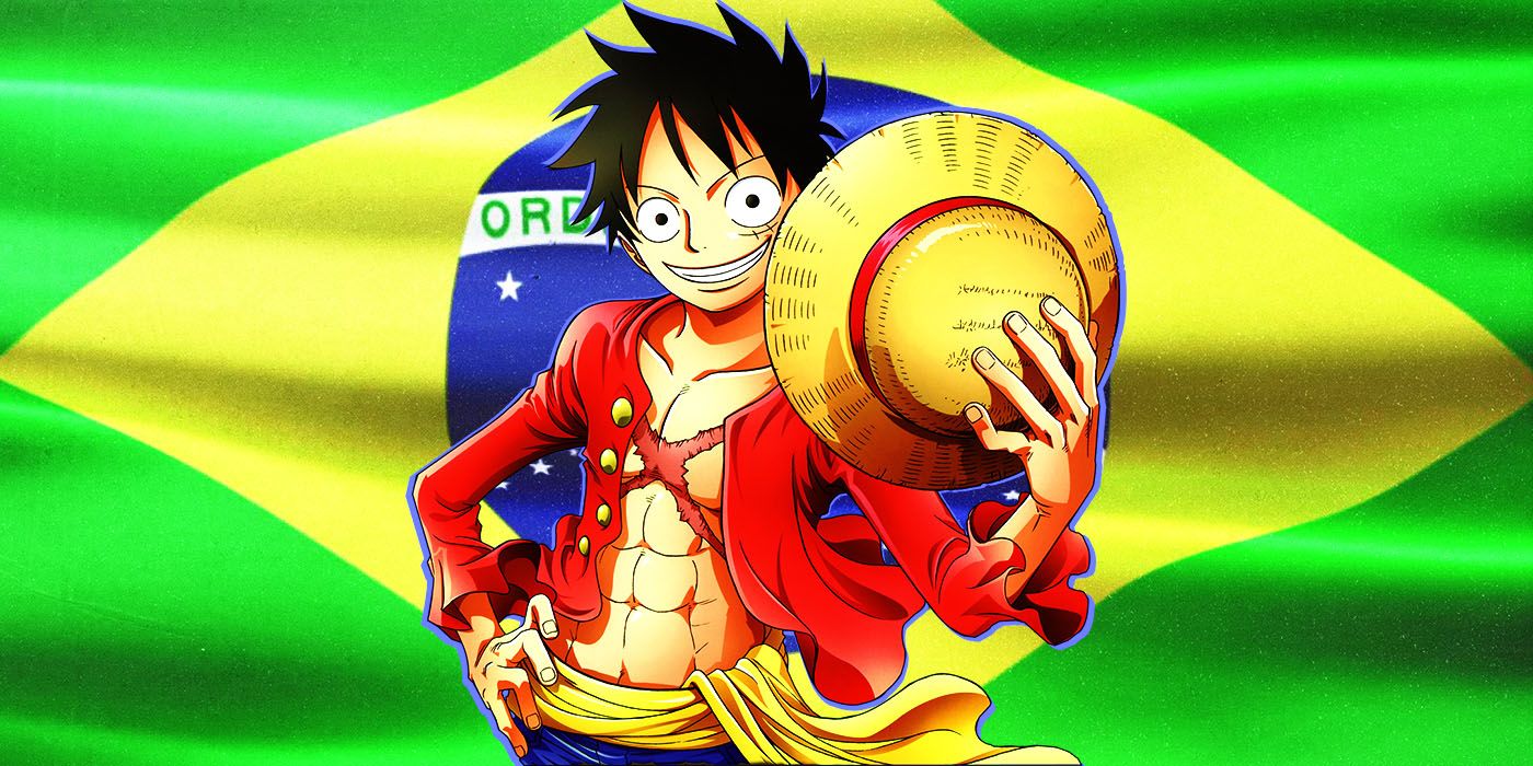 Luffy from One Piece in front of Brazil flag