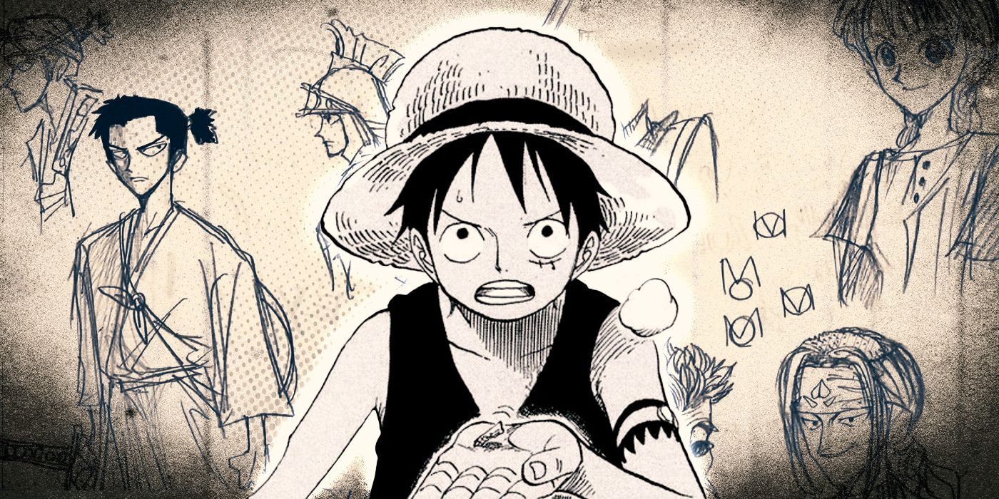 Luffy in front of old character sketches created by One Piece's Eiichiro Oda