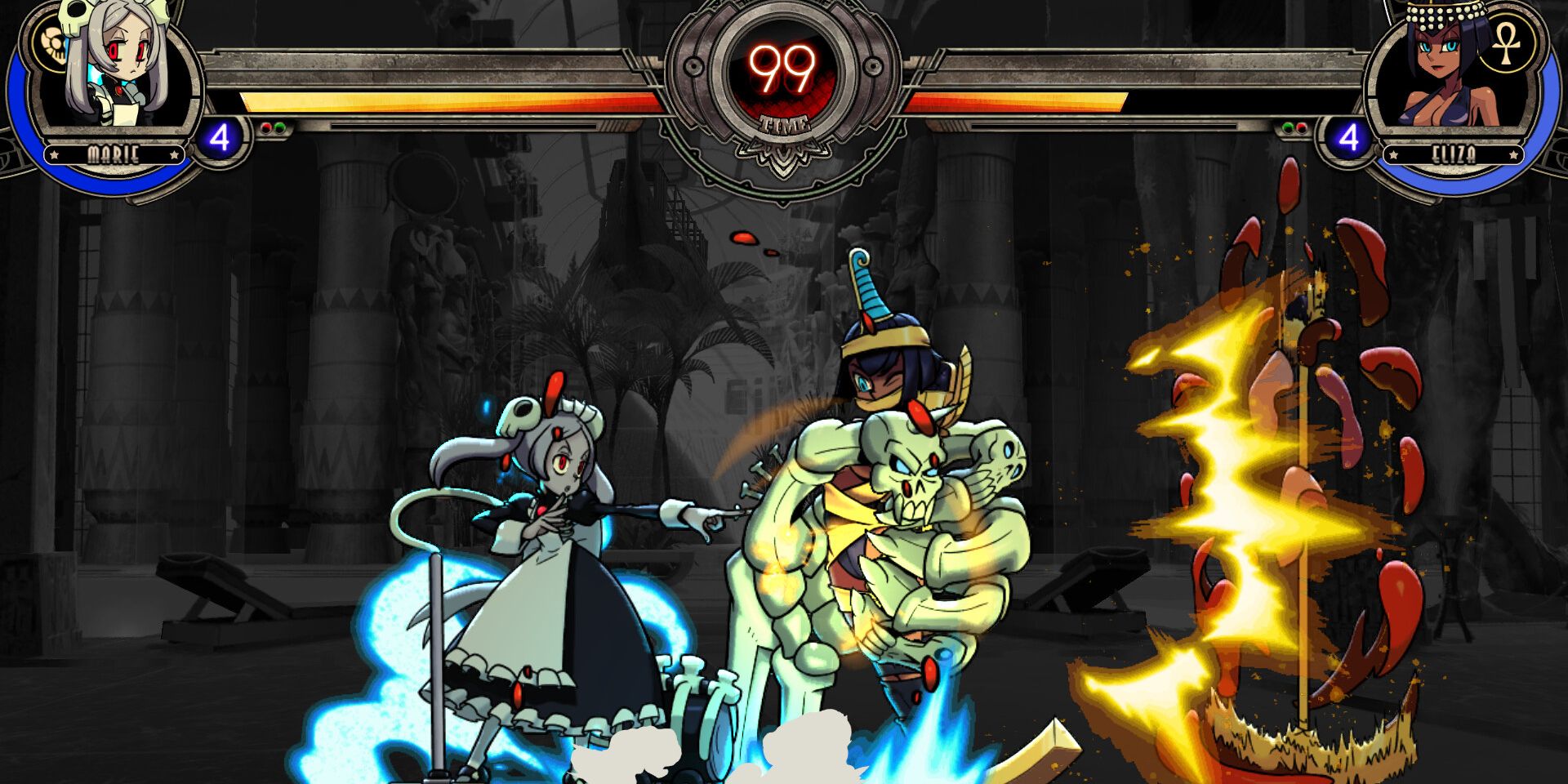 Marie usa uma mão de esqueleto gigante para agarrar Eliza em Skullgirls