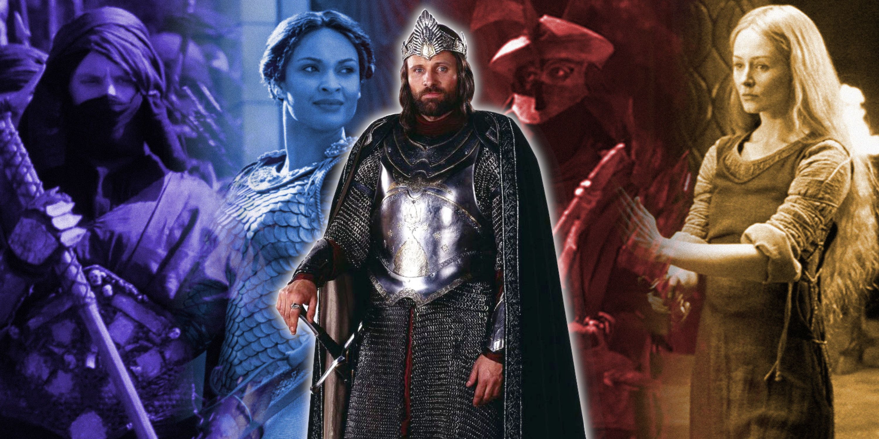 Aragorn in front of a Haradrim, Miriel, an Easterling, and Eowyn from The Lord of the Rings