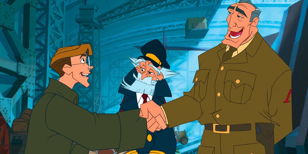Milo and Commander Rourke shake hands in Atlantis The Lost Empire