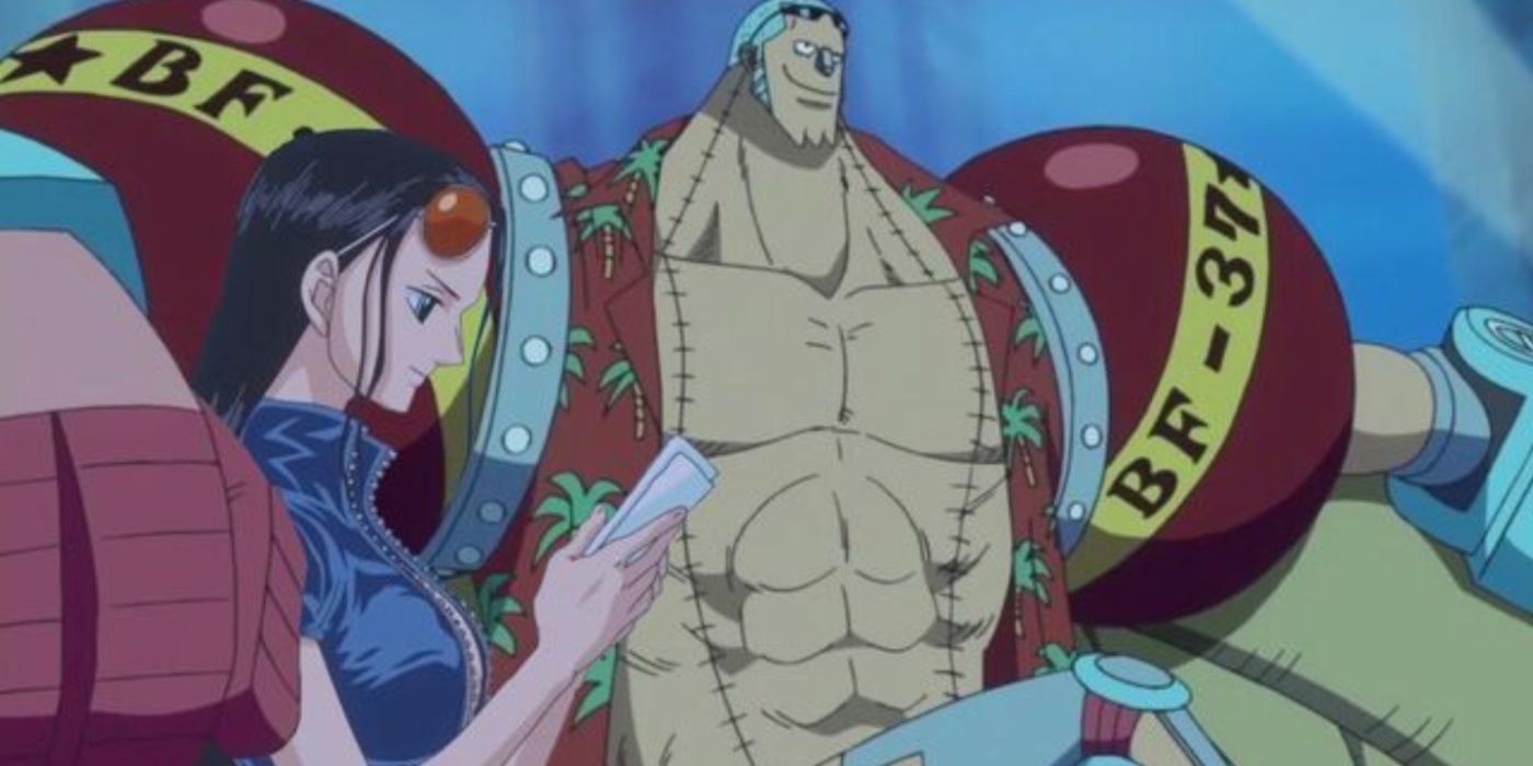 Franky sitting with Robin after the timeskip in One Piece