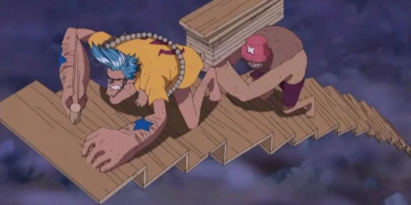 Franky building stairs with Chopper during One Piece's Thriller Bark Arc