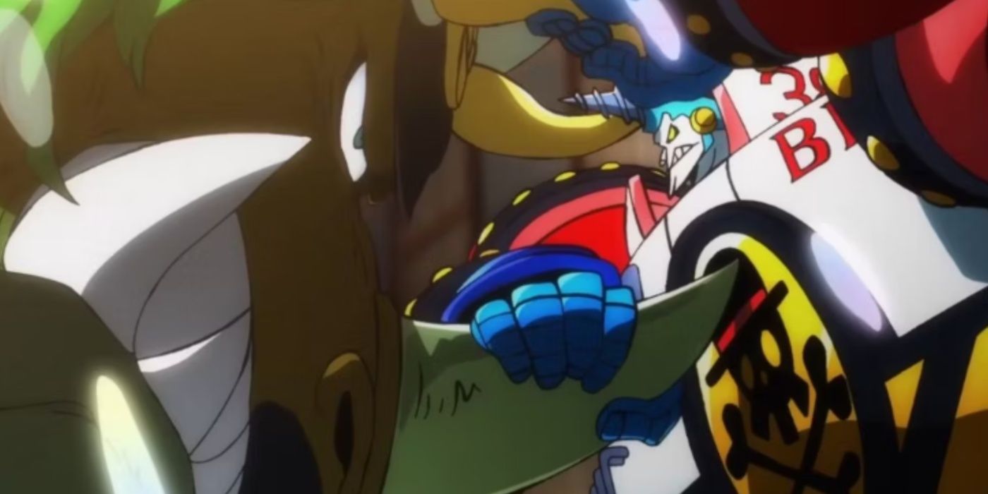 Franky clashing with Sasaki in his triceratops form in One Piece