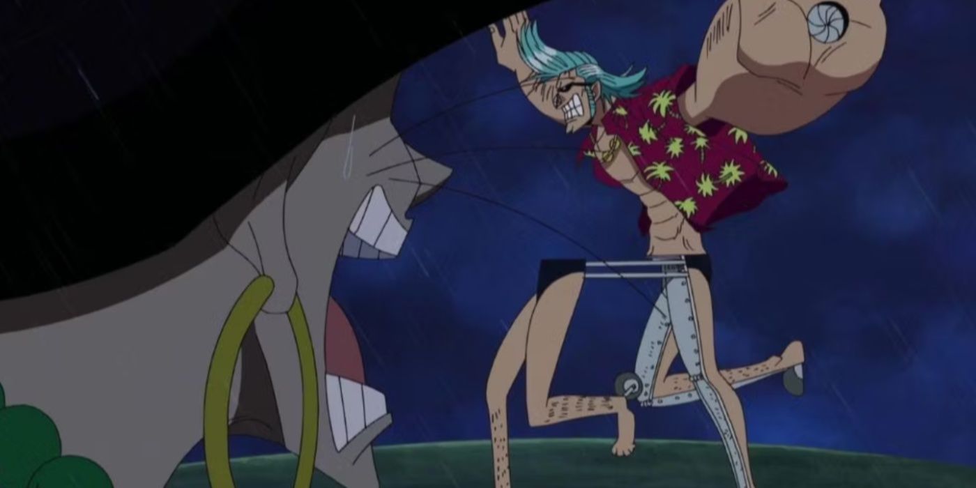 Franky splitting his cyborg legs and speedo in One Piece