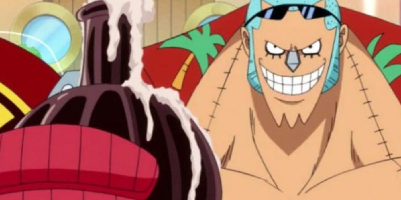 Franky smiles as he opens a bottle of cola in One Piece