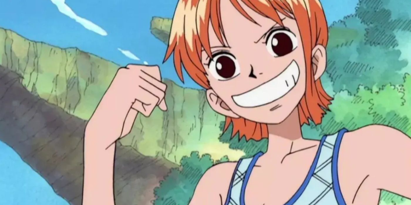 Nami is smiling as she steals some treasure in One Piece.