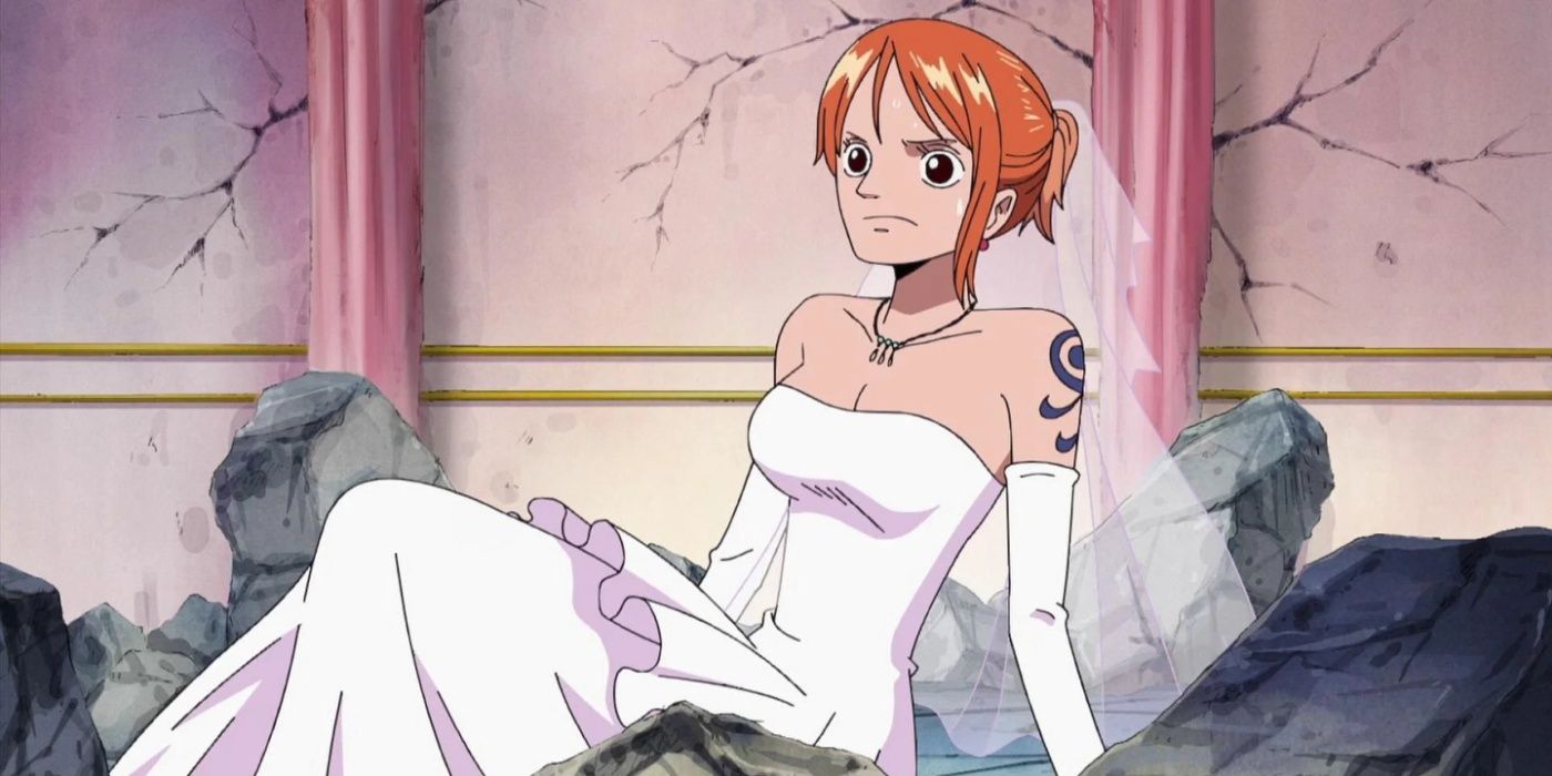 Nami is in her wedding dress after escaping from Absalom in One Piece's Thriller Bark Arc.