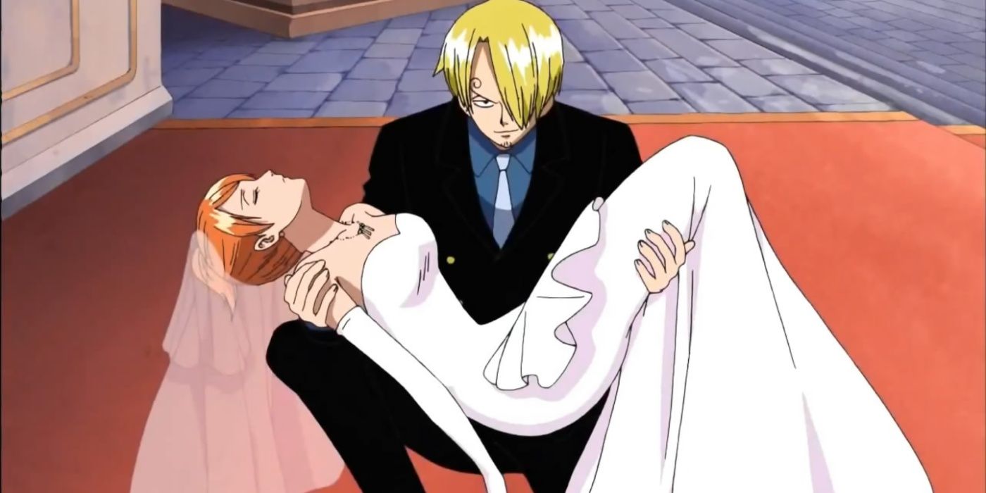 Sanji carrying an unconscious Nami while she is wearing a wedding dress in One Piece