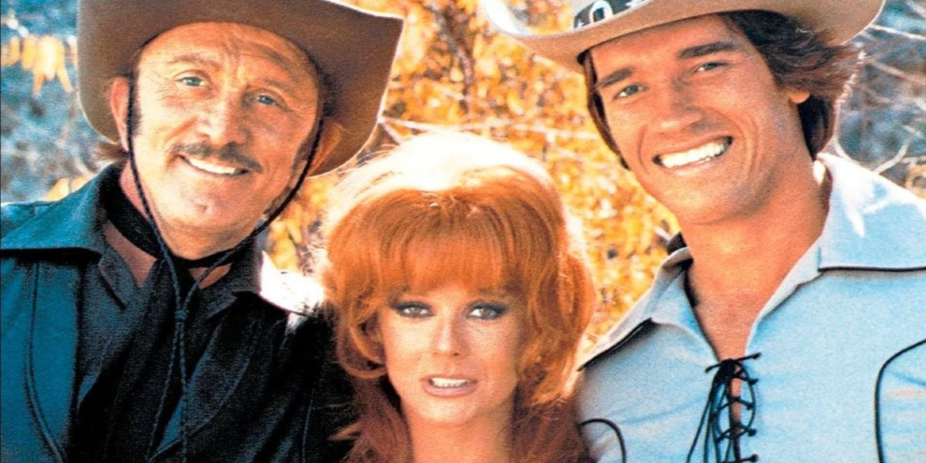 Kirk Douglas, Ann-Margaret and Arnold Schwarzenegger in costume for Cactus Jack