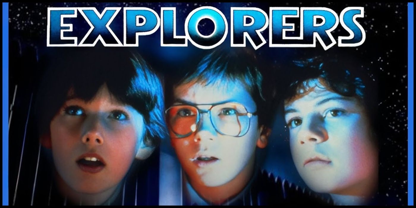 El póster de Explorers presenta a Ethan Hawke, River Phoenix y Jason Presson con expresiones de ojos muy abiertos.