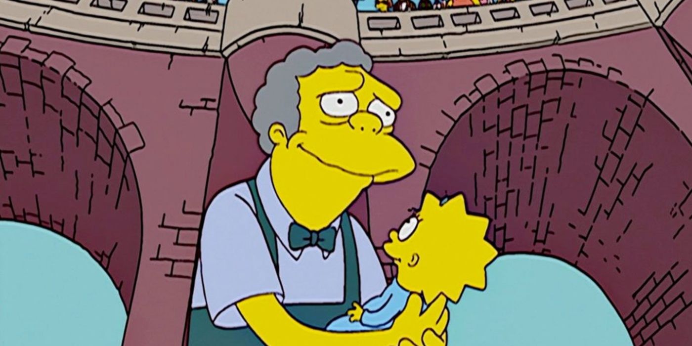 Moe sorri e segura Maggie depois de salvar a vida de Maggie em Os Simpsons