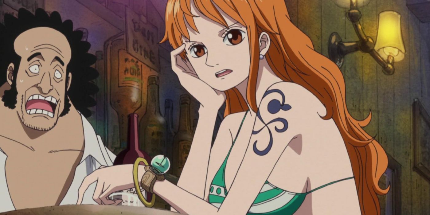 Nami in her green and white bikini top in One Piece