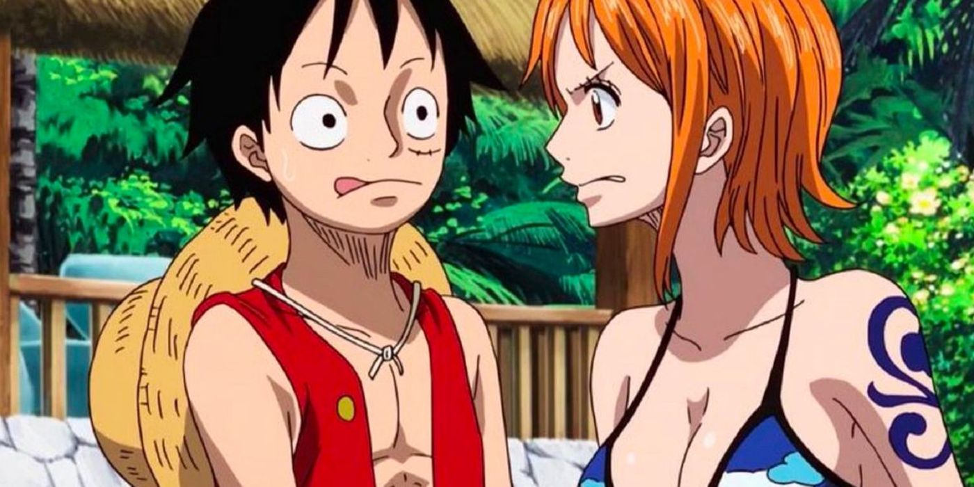 Nami scowling at Luffy in One Piece