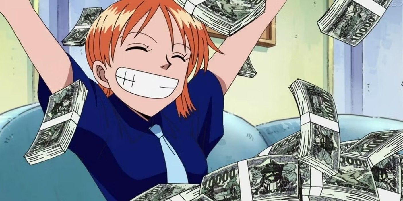 Nami smiles while throwing money into the air
