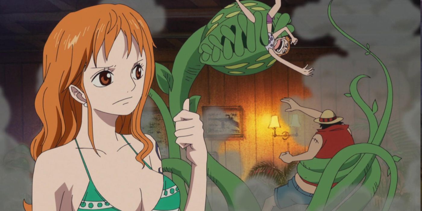 Nami wearing a green and white bikini top in One Piece