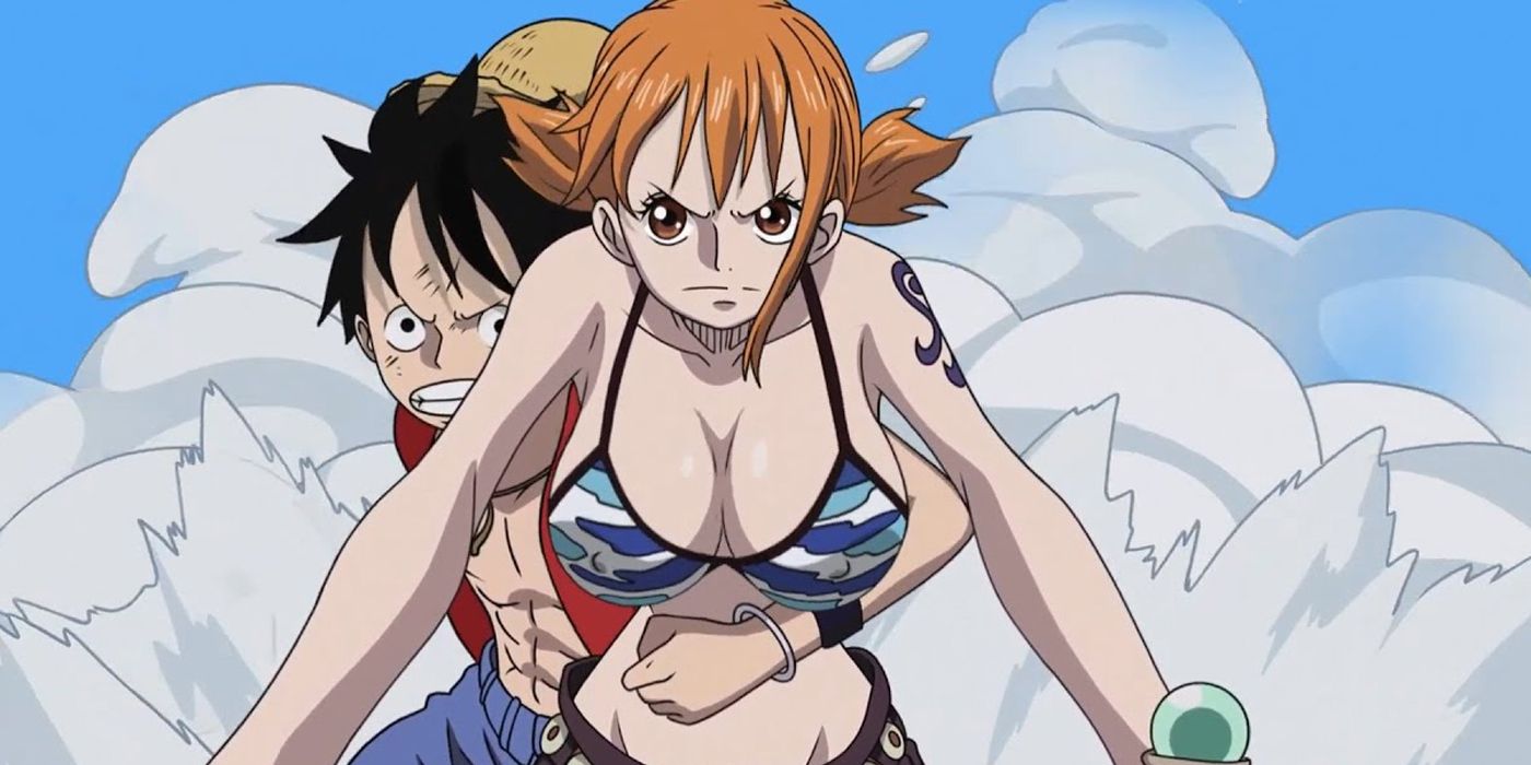 Nami is wearing her water camouflage bikini top with Luffy clinging around her waist