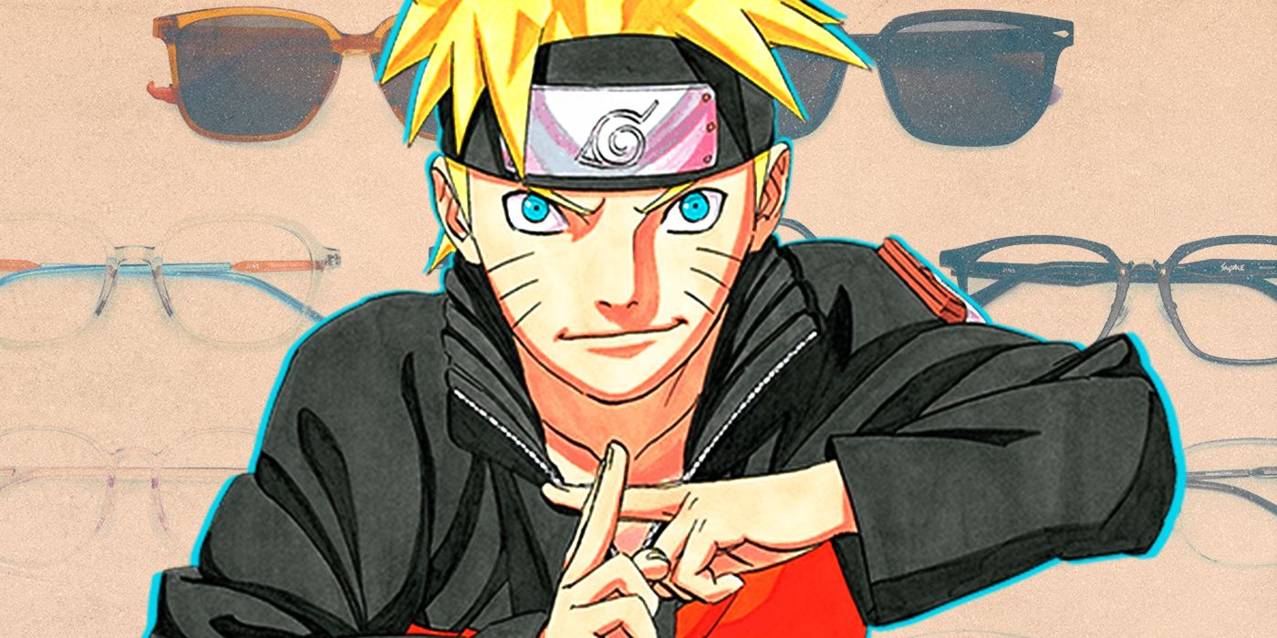 Naruto Uzumaki and a collection of Jins glasses in Shippuden collaboration