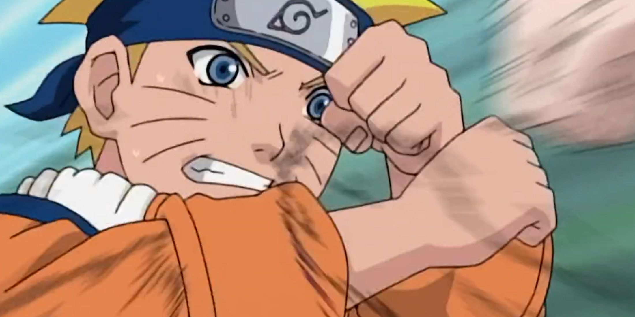 Naruto blocks Sasuke's punches on the hospital roof in Naruto