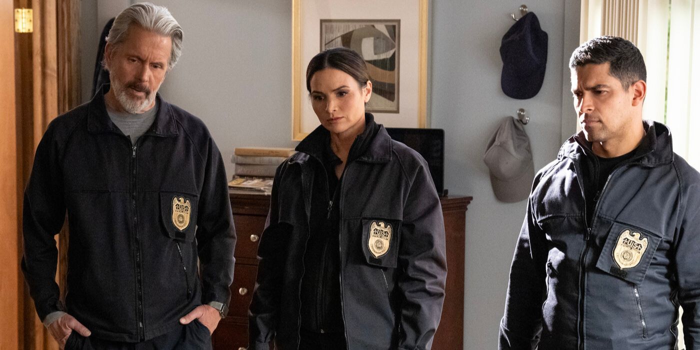 Agents Parker, Knight and Torres in NCIS jackets standing in a bedroom on NCIS