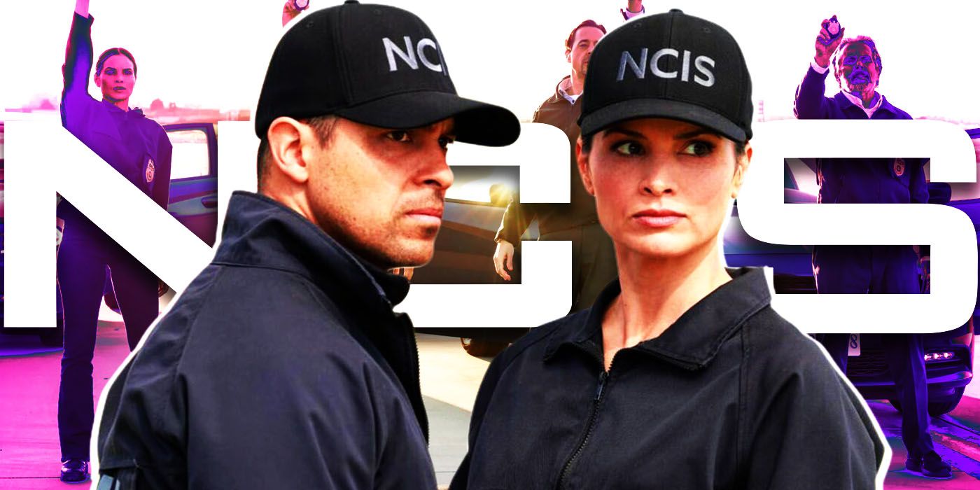 Torres and Knight (actor Wilmer Valderrama and Katrina Law) in NCIS hats in front of NCIS logo
