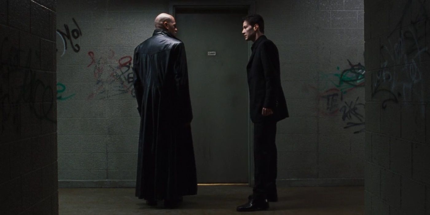 Neo and Morpheus arrive at the Oracle's in The Matrix.