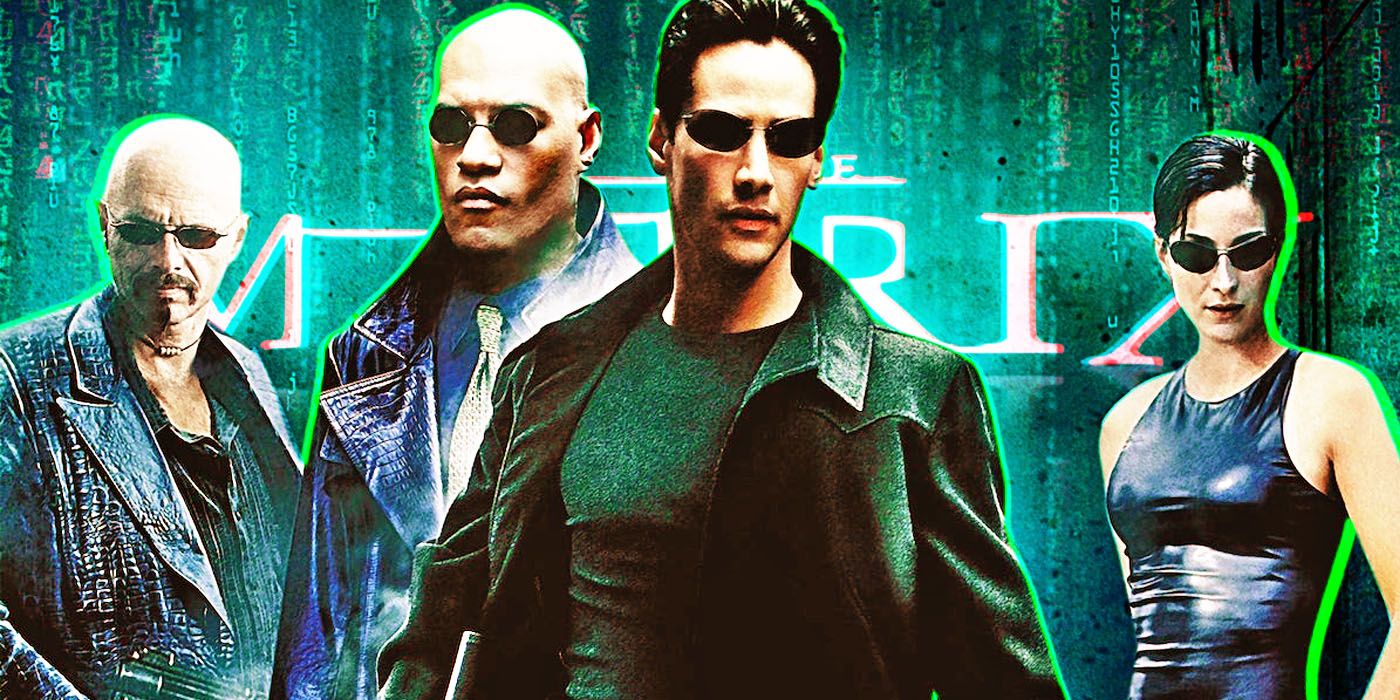 Neo stands before Cypher, Morpheus and Trinity in The Matrix 