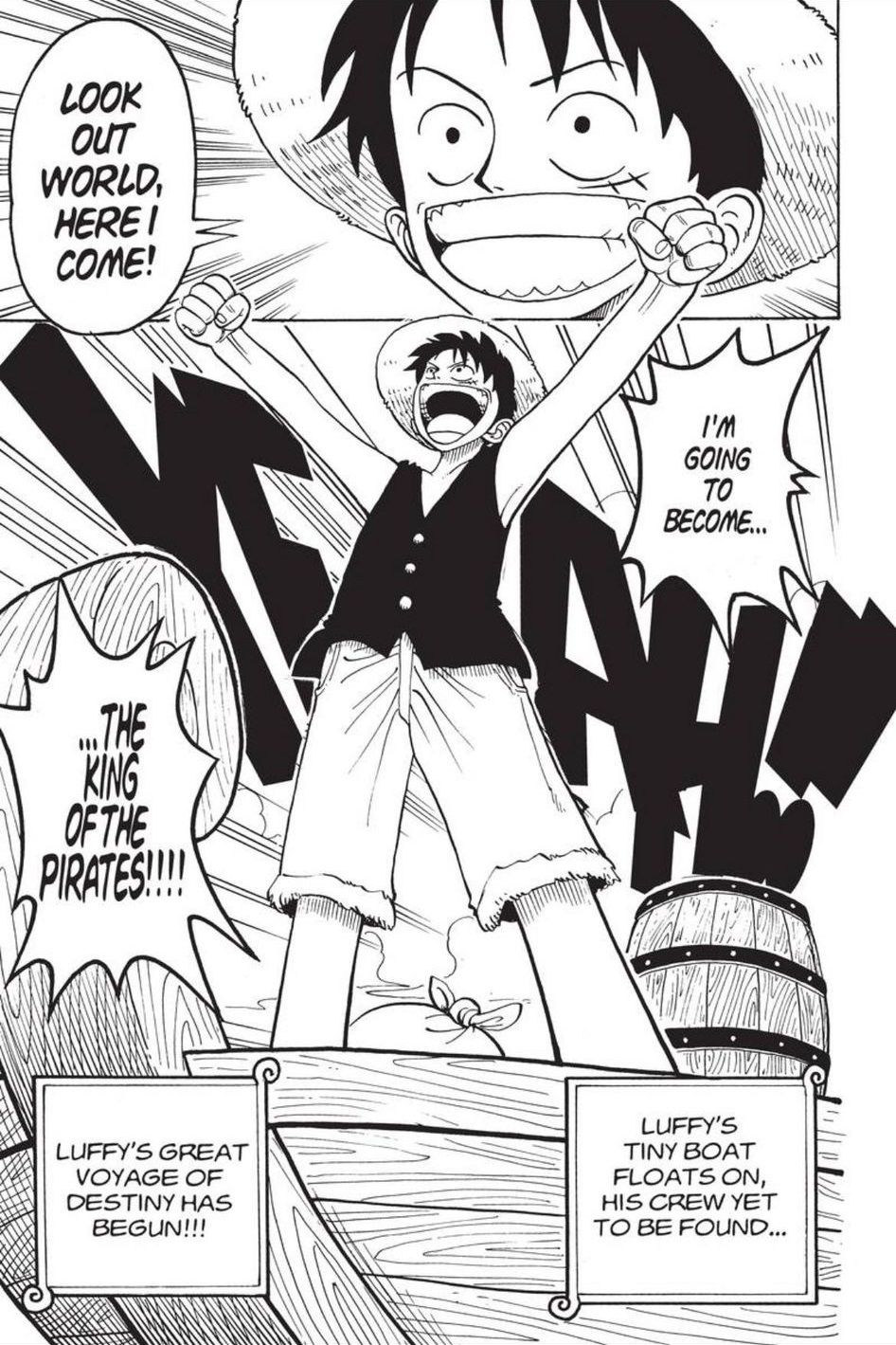 One Piece manga chapter 1, part 3 with Luffy holding his arms out