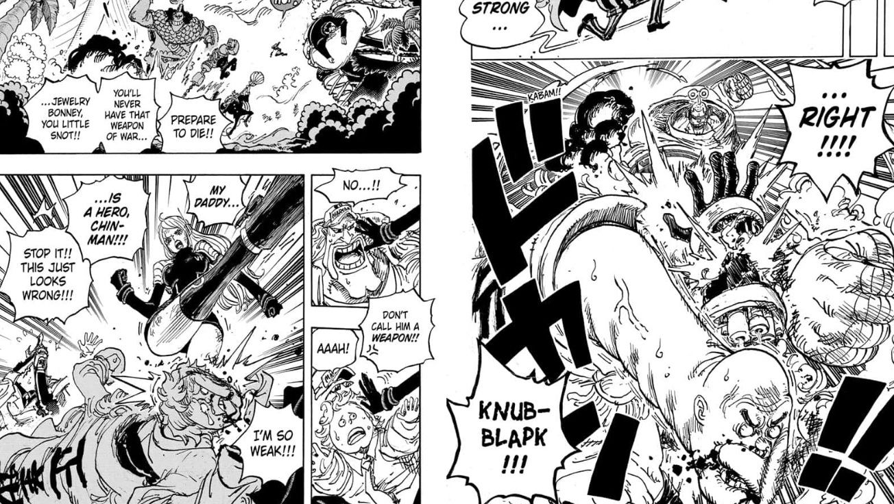 One Piece manga chapter 1112, with bonney attacking the marines