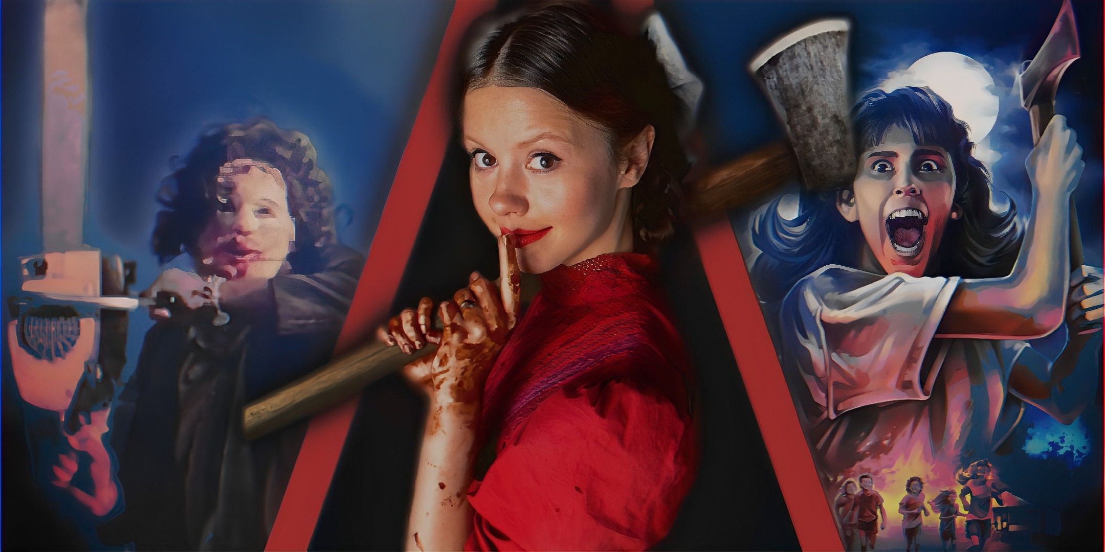 Mia Goth’s Pearl holding an axe in front of Sleepaway Camp poster and Leatherface with a chainsaw.