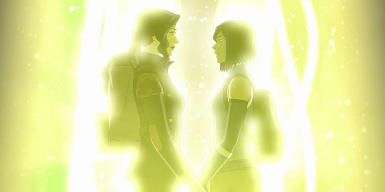 Korra e Asami iluminadas em frente a um portal espiritual em Legend of Korra
